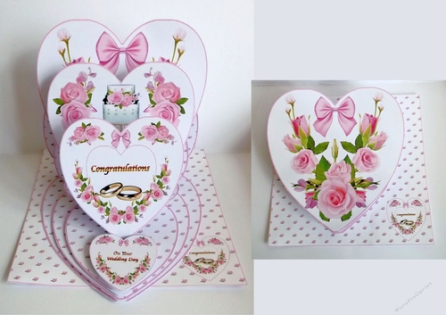 Pink triple heart easel wedding card with matching envelope