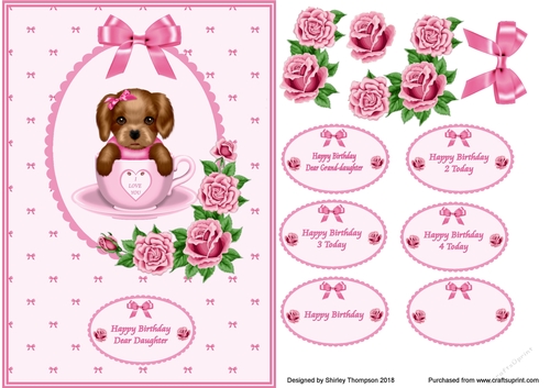 Pink A5 pup in a cup card front.