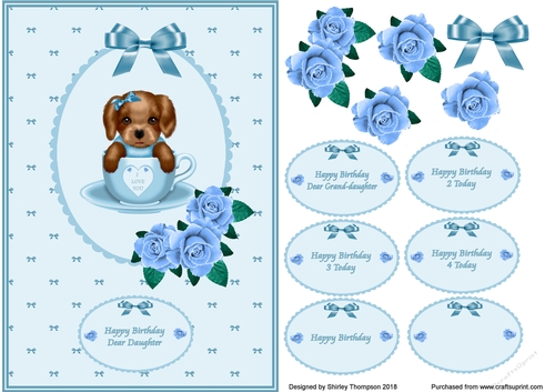 Blue A5 pup in a cup card front