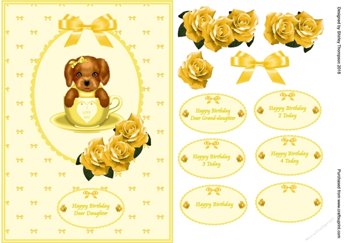 Yellow A5 pup in a cup card front