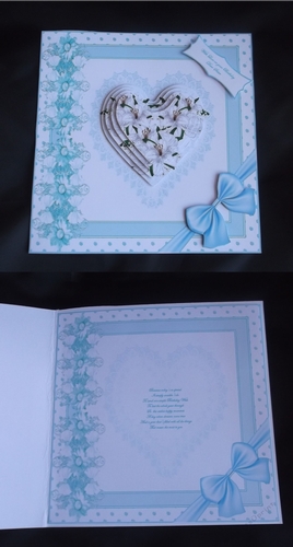 Blue lace heart 8 x 8 card front with decoupage and inserts