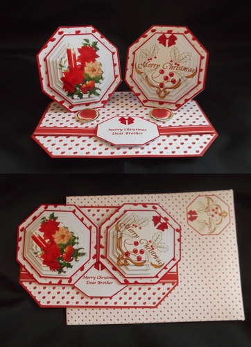 Christmas candles & poinsettia octagonal double easel card with matching envelope