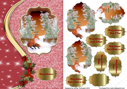 A5 red sparkly fox card front with decoupage