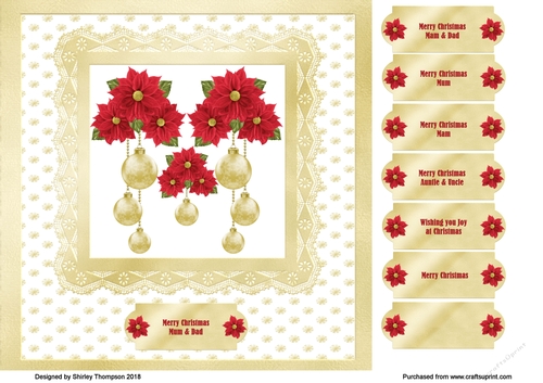 Gold with red poinsettia 8 x 8 quick card front