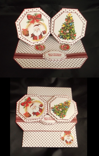 Santa bauble & Christmas tree octagonal double easel card with matching envelope.