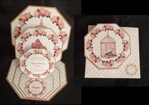Pink floral octagonal triple easel card with matching envelope