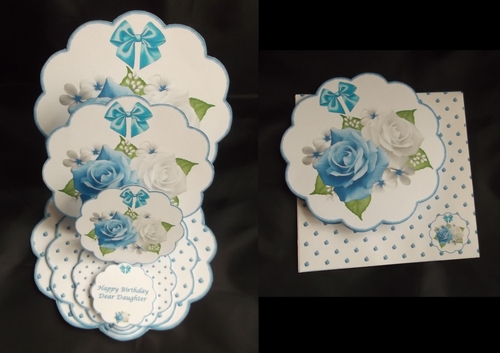 Blue and white floral scalloped triple easel card with matching envelope