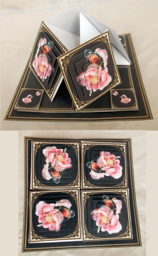 Black & gold kingfisher on dog rose quad easel card.