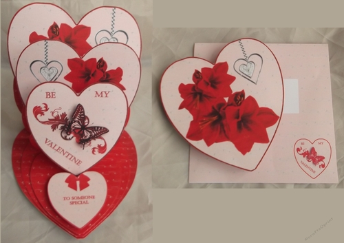Red triple heart easel Valentines Day card with matching envelope