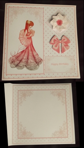 8 x 8 lady in pink t.bag fold card front with matching insert.