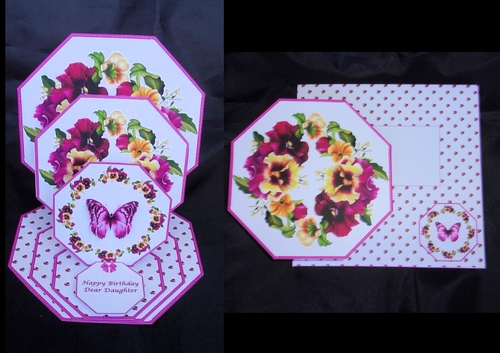 Pansies and butterfly octagonal triple easel card with matching envelope