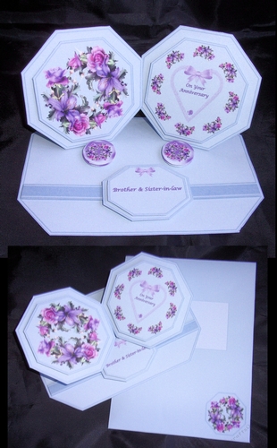 Blue octagonal double easel anniversary card with matching envelope