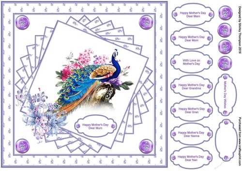 8 x 8 pink and lilac peacock quick card front