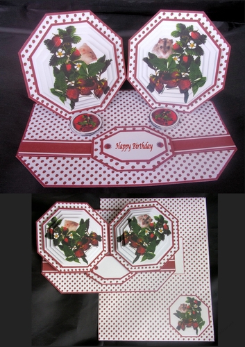 Strawberry mice octagonal double easel card with matching envelope
