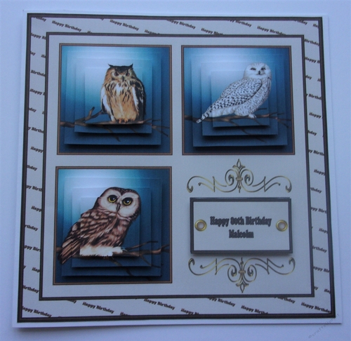 8 x 8 Wise old owls card front with decoupage