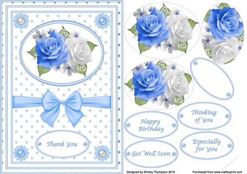 A5 Blue & white roses step by step card front