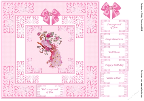 8 x 8 pink proud peacock quick card front