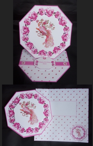 5 x 5 Bright pink peacock octagonal easel card with matching envelope