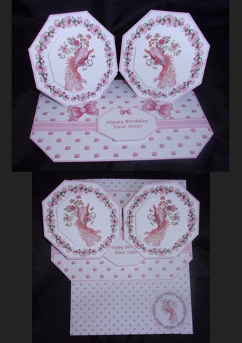 Pink roses and peacock octagonal double easel card with matching envelope