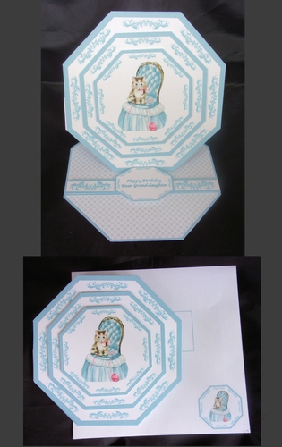 Blue cute kitten octagonal easel card with matching envelope