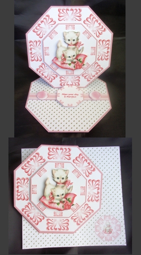 Pink cute kittens octagonal easel card with matching envelope