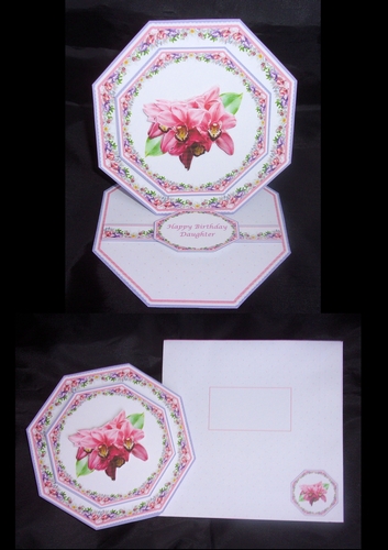Pink orchids octagonal easel card with matching envelope