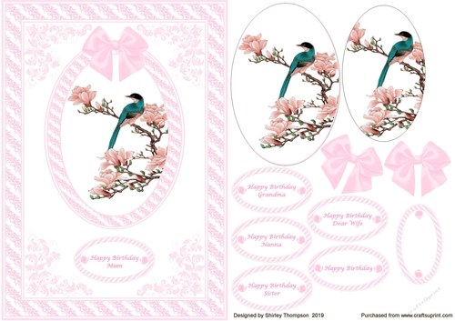 A5 pink and white bird on a branch step by step card front