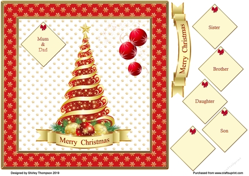 8 x 8 red and gold Christmas tree quick card front