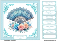 8 x 8 blue floral fan quick card front.