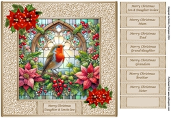8 x 8 gold framed robin in a stained glass window quick card front.