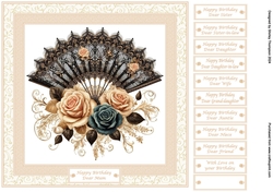 8 x 8 beige and black vintage fan quick card front.
