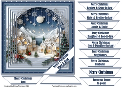 7 x 7 faux layered Christmas paper cut village quick card front.