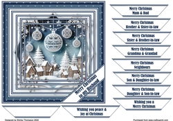 7 x 7 faux layered Christmas paper cut village quick card front.