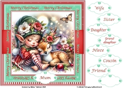 8 x 8 red & green cute sleeping elf quick card front.