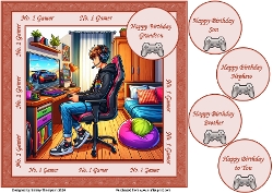 8 x 8 Gamer boy quick card front (Brown & beige).