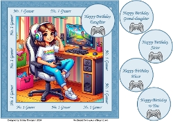 8 x 8 Gamer girl quick card front (Blue).