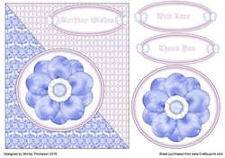 Blue and pink floral card front.