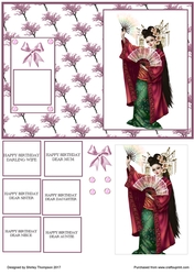 A5 geisha card front with white background.
