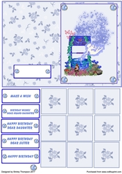 Blue A5 fairy wishing well card front.