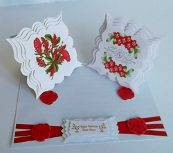 Grey canvas double easel card with red flowers.