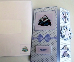 Beautiful lilac 7 x 5 in flower basket card with tea bag folded medallion and matching envelope.