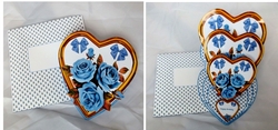 Gold triple heart easel card with blue roses and matching envelope.