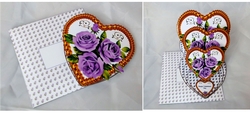 Gold triple heart easel card with purple roses and matching envelope.