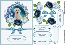 Blue A5 puppy in fancy frame step by step card front.