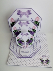 Purple rose octagonal triple easel card with matching envelope.