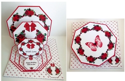 Red roses octagonal triple easel card with matching envelope.
