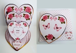 Pink floral triple heart shaped easel card with matching envelope