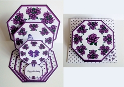Violet roses octagonal triple easel card with matching envelope.