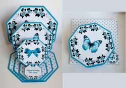 Blue floral octagonal triple easel card with matching envelope.