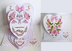 Pink triple heart easel wedding card with matching envelope